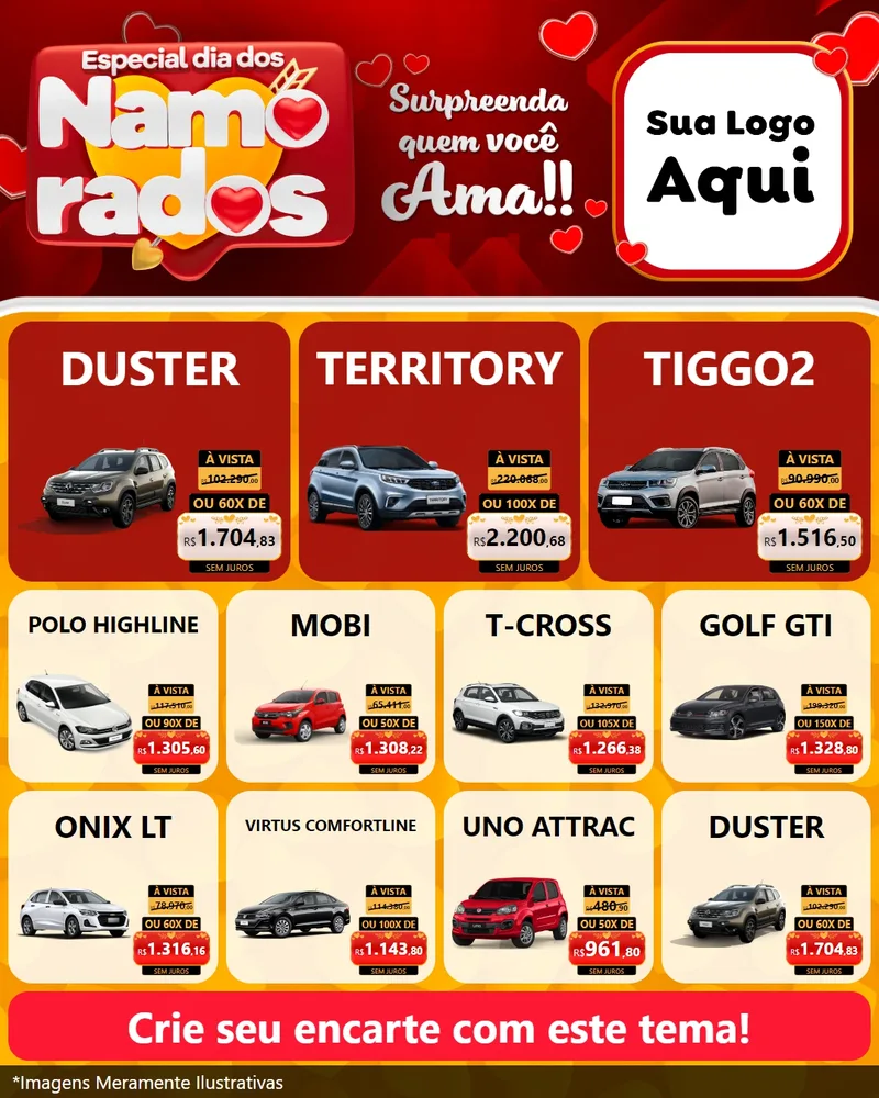 Modelo de Rede Social para Feed Instagram com o tema Especial Dia dos Namorados para Concessionaria de Carros