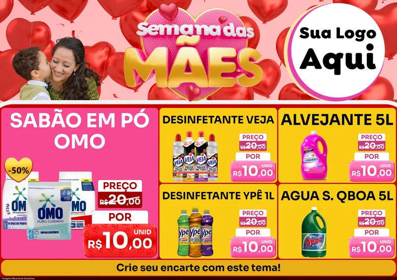 Modelo de Encarte para Encarte A4 Horizontal com o tema Semana Das Mães para Produtos de Limpeza