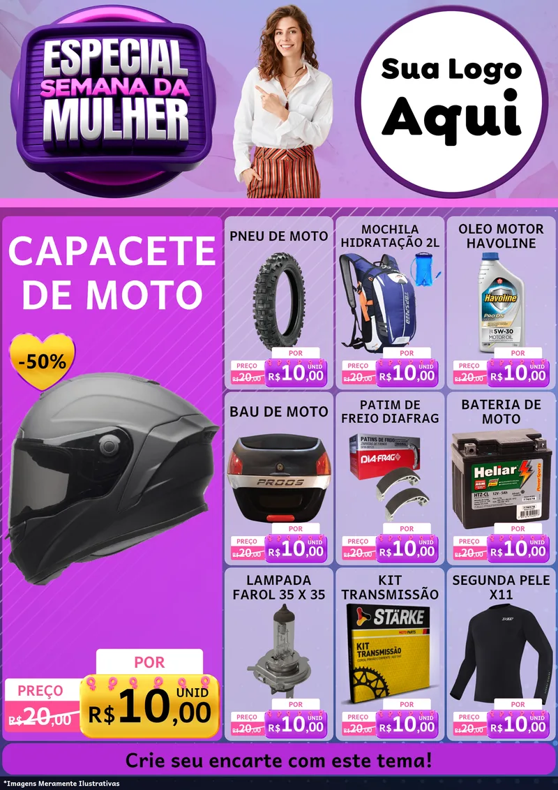 Modelo de Encarte para Encarte A4 Vertical com o tema Especial Semana da Mulher para Moto peças