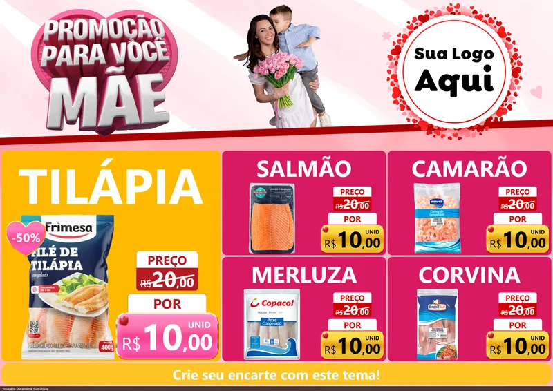 Modelo de Encarte para Encarte A4 Horizontal com o tema Promoção Para Você Mãe para Peixaria