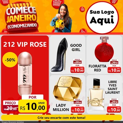 Modelo de Rede Social para Feed Facebook com o tema Comece Janeiro Economizando para Perfumes