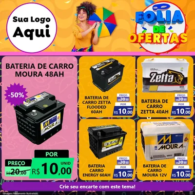 Modelo de Rede Social para Feed Facebook com o tema Folia de Ofertas para Baterias Elétricas
