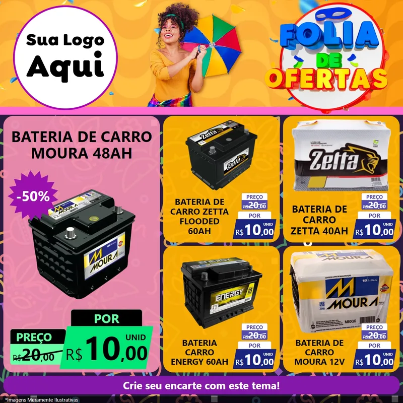Modelo de Rede Social para Feed Facebook com o tema Folia de Ofertas para Baterias Elétricas
