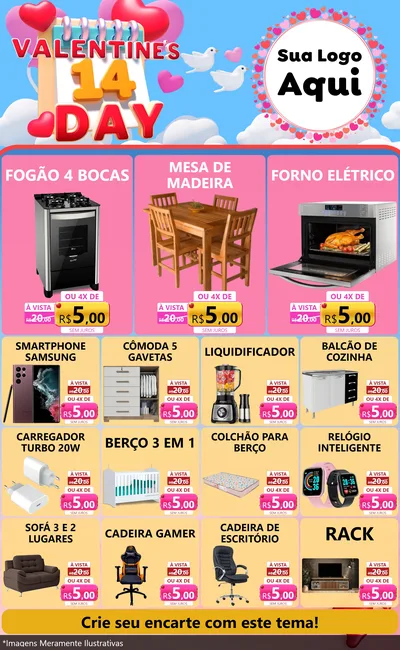 Modelo de Encarte para Encarte Grande com o tema Valentine's Day para Móveis e Eletro