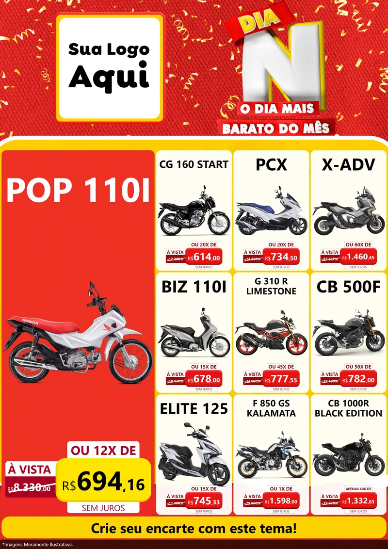 Modelo de Encarte para Encarte A4 Vertical com o tema Dia N o Dia Mais Barato do Mês para Concessionaria de Motos