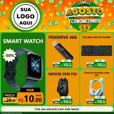 Modelo de Rede Social para Feed Facebook com o tema Comece Agosto Economizando para Informática