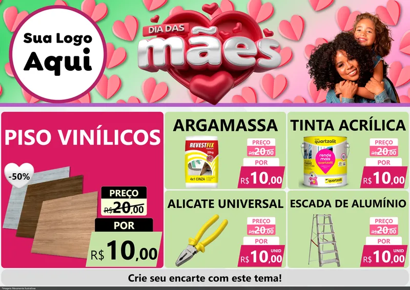 Modelo de Encarte para Encarte A4 Horizontal com o tema Dia das Mães para Material para Construção