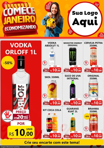 Modelo de Encarte para Encarte A4 Vertical com o tema Comece Janeiro Economizando para Distribuidora de bebidas