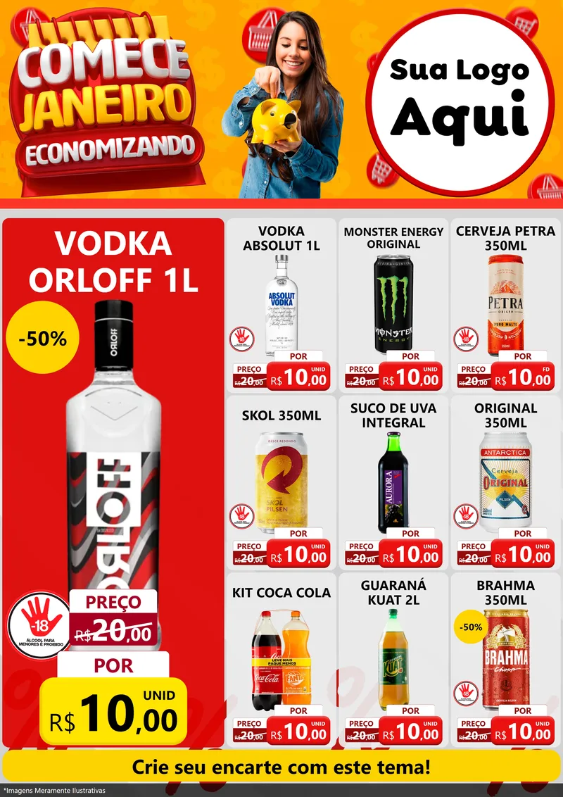 Modelo de Encarte para Encarte A4 Vertical com o tema Comece Janeiro Economizando para Distribuidora de bebidas