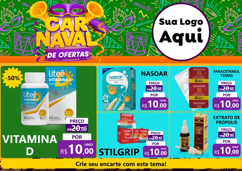 Modelo de Encarte para Encarte A4 Horizontal com o tema Carnaval de Ofertas para Farmácia