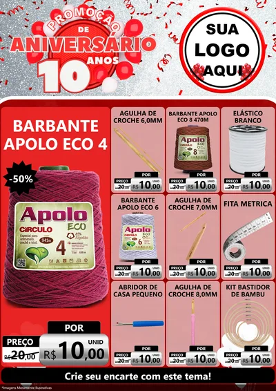 Modelo de Encarte para Encarte A4 Vertical com o tema Promoção de Aniversário - 10 Anos para Armarinho e Aviamentos