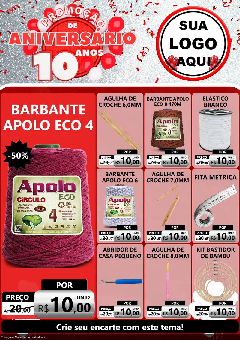 Modelo de Encarte para Encarte A4 Vertical com o tema Promoção de Aniversário - 10 Anos para Armarinho e Aviamentos