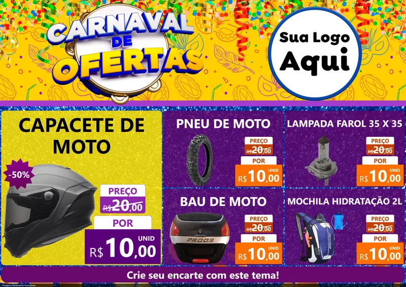 Modelo de Encarte para Encarte A4 Horizontal com o tema Carnaval de Ofertas para Moto peças