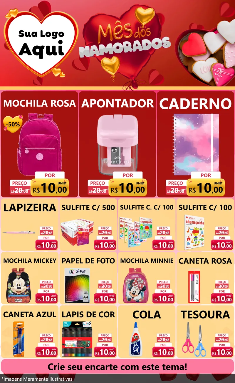 Modelo de Encarte para Encarte Grande com o tema Mês dos Namorados para Papelaria