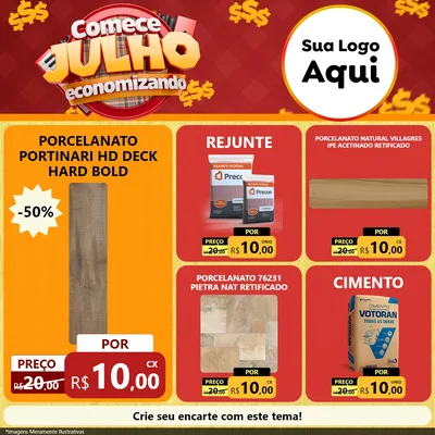 Modelo de Rede Social para Feed Facebook com o tema Comece Julho Economizando para Pisos e revestimentos