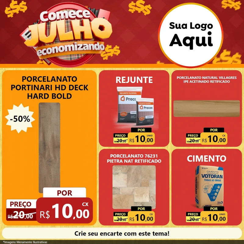 Modelo de Rede Social para Feed Facebook com o tema Comece Julho Economizando para Pisos e revestimentos