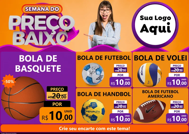 Modelo de Encarte para Encarte A4 Horizontal com o tema Semana do Preço Baixo para Artigos Esportivos