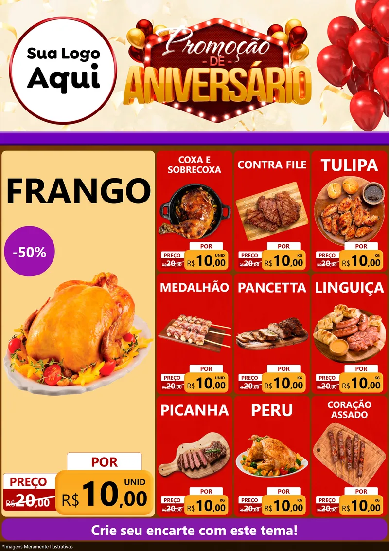 Modelo de Encarte para Encarte A4 Vertical com o tema Promoção de Aniversário para Assados