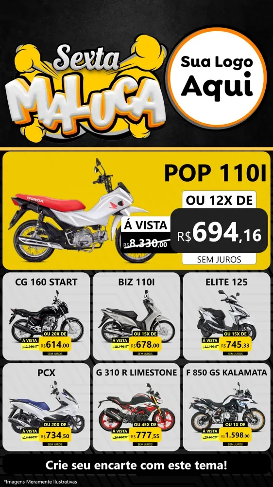 Modelo de Rede Social para Stories com o tema Sexta Maluca para Concessionaria de Motos