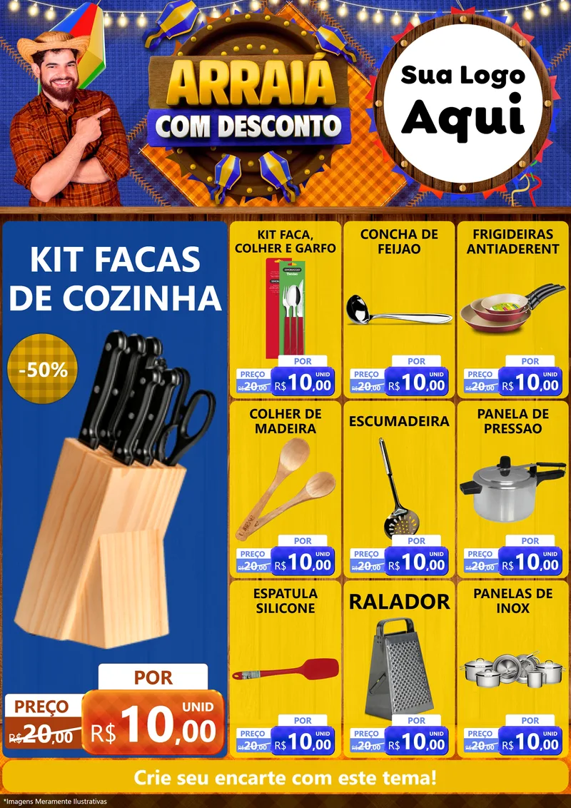 Modelo de Encarte para Encarte A4 Vertical com o tema Arraiá Com Desconto para Utilidades Domésticas
