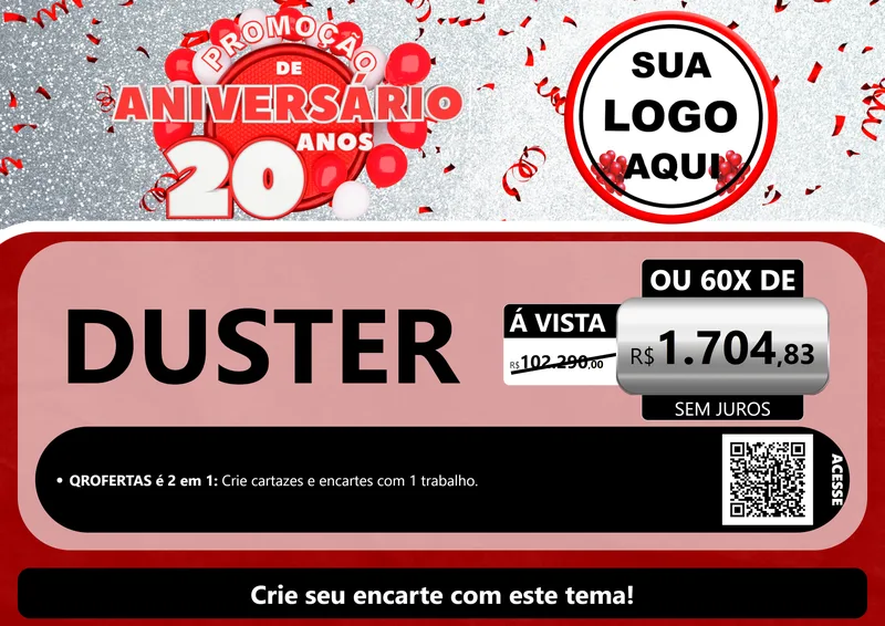 Modelo de Cartaz para Cartaz A4 Horizontal com o tema Promoção de Aniversário - 20 Anos para Concessionaria de Carros