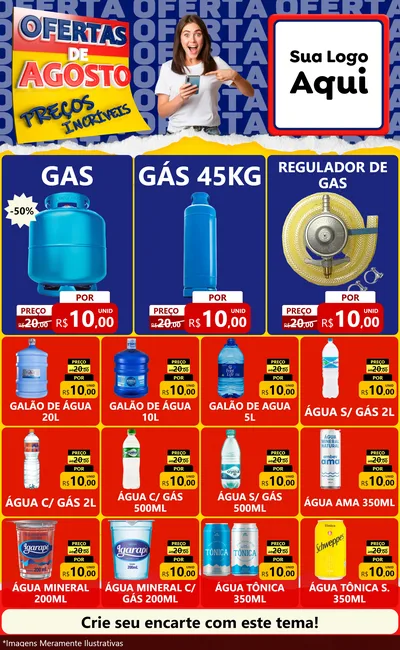 Modelo de Encarte para Encarte Grande com o tema Ofertas de Agosto - Preços Incríveis para Água e gás