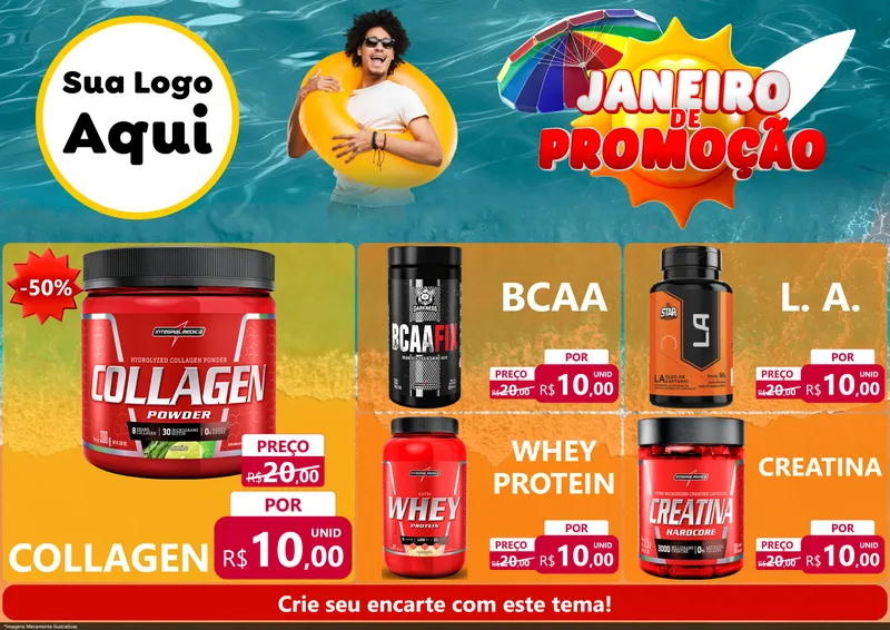 Modelo de Encarte para Encarte A4 Horizontal com o tema Janeiro de Promoção para Suplementos alimentares