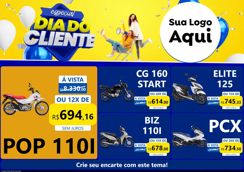 Modelo de Encarte para Encarte A4 Horizontal com o tema Especial Dia do Cliente para Concessionaria de Motos