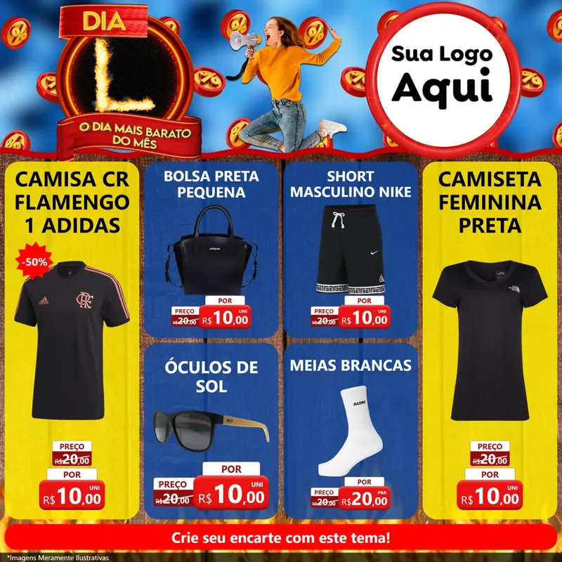 Modelo de Rede Social para Feed Facebook com o tema Dia L - O Dia Mais Barato Do Mês para Roupas e acessórios