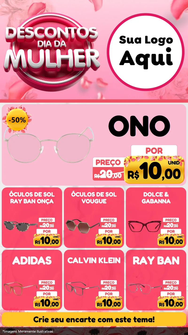 Modelo de Rede Social para Stories com o tema Descontos Dia da Mulher para Óticas