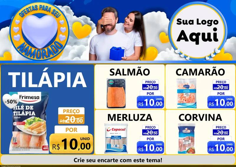 Modelo de Encarte para Encarte A4 Horizontal com o tema Ofertas Para Seu Namorado para Peixaria