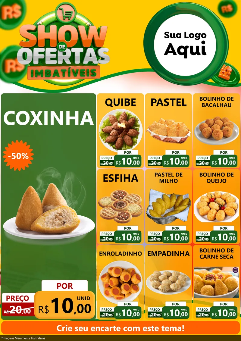 Modelo de Encarte para Encarte A4 Vertical com o tema Show de Ofertas Imbatíveis para Salgadaria