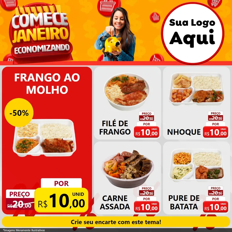Modelo de Rede Social para Feed Facebook com o tema Comece Janeiro Economizando para Restaurante