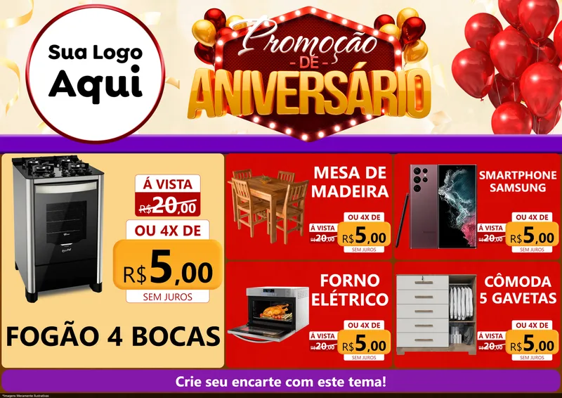 Modelo de Encarte para Encarte A4 Horizontal com o tema Promoção de Aniversário para Móveis e Eletro