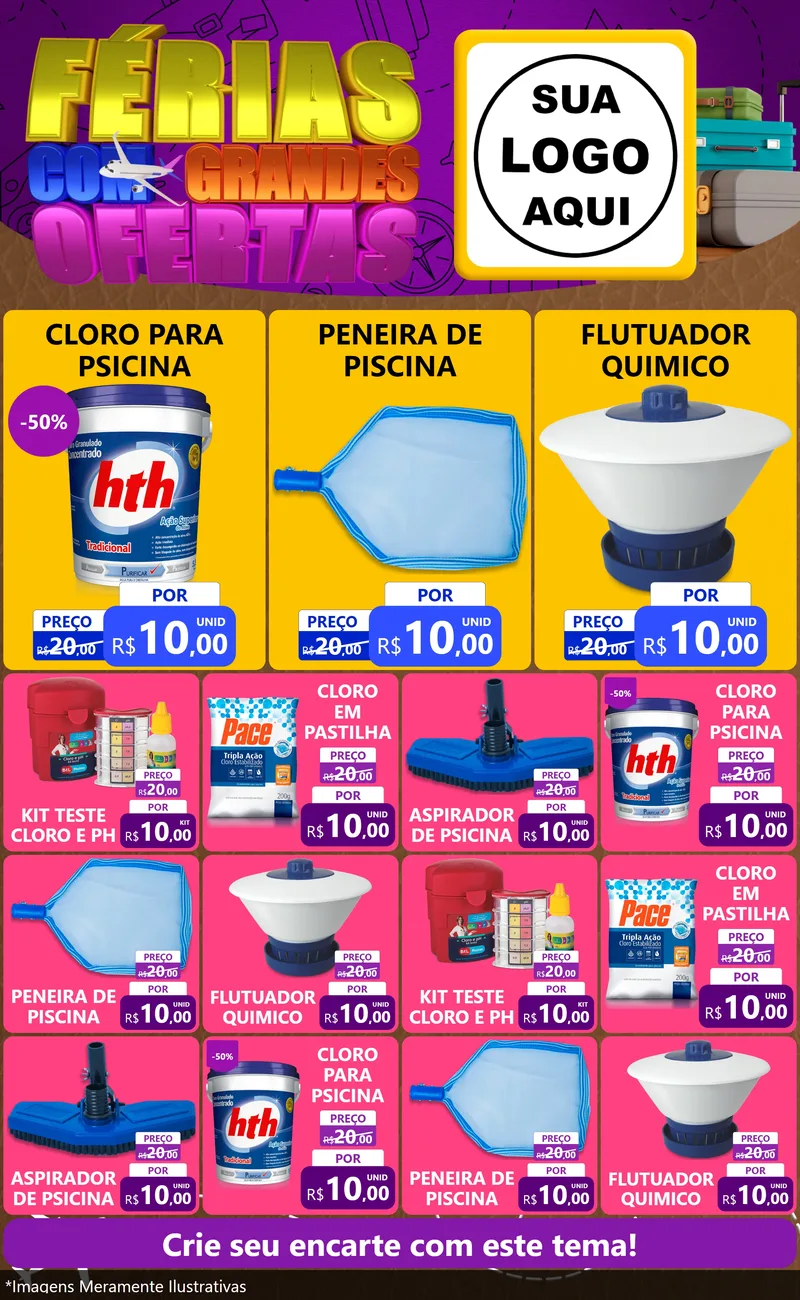 Modelo de Encarte para Encarte Grande com o tema Férias com Grandes Ofertas para Produtos para Piscina