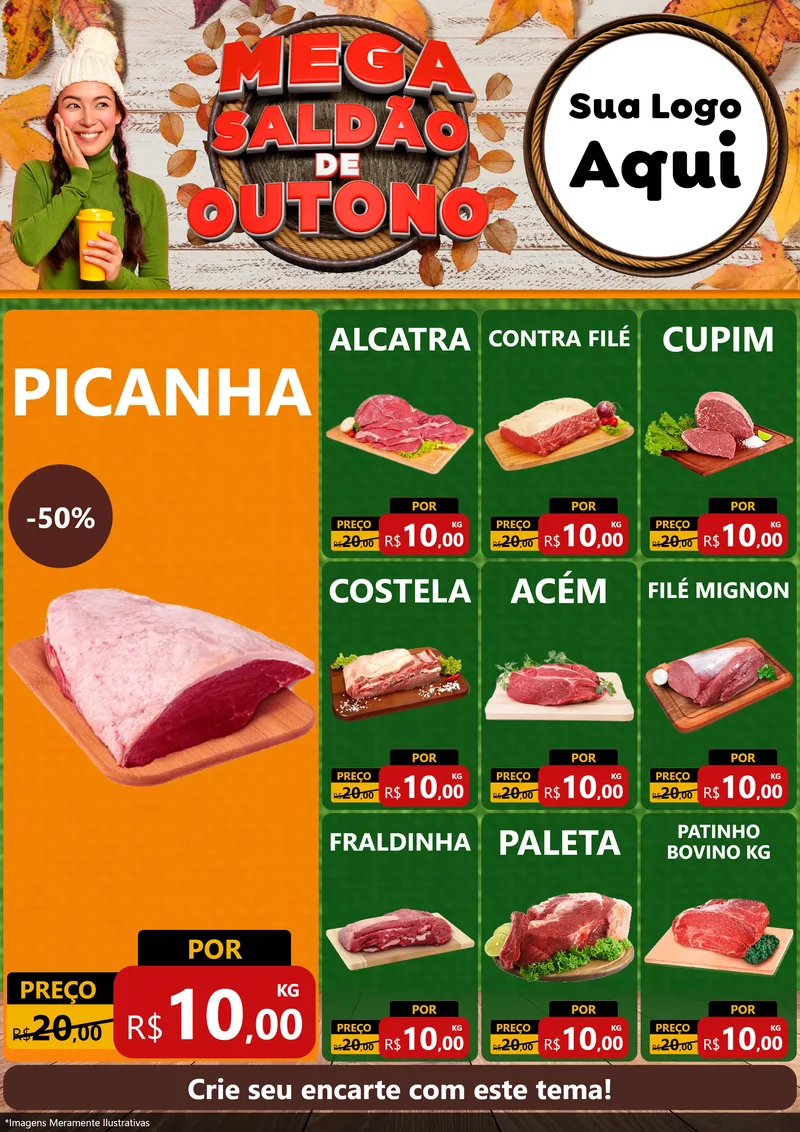 Modelo de Encarte para Encarte A4 Vertical com o tema Mega Saldão de Outono para Açougue