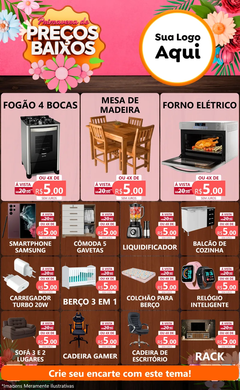Modelo de Encarte para Encarte Grande com o tema Primavera de Preços Baixos para Móveis e Eletro