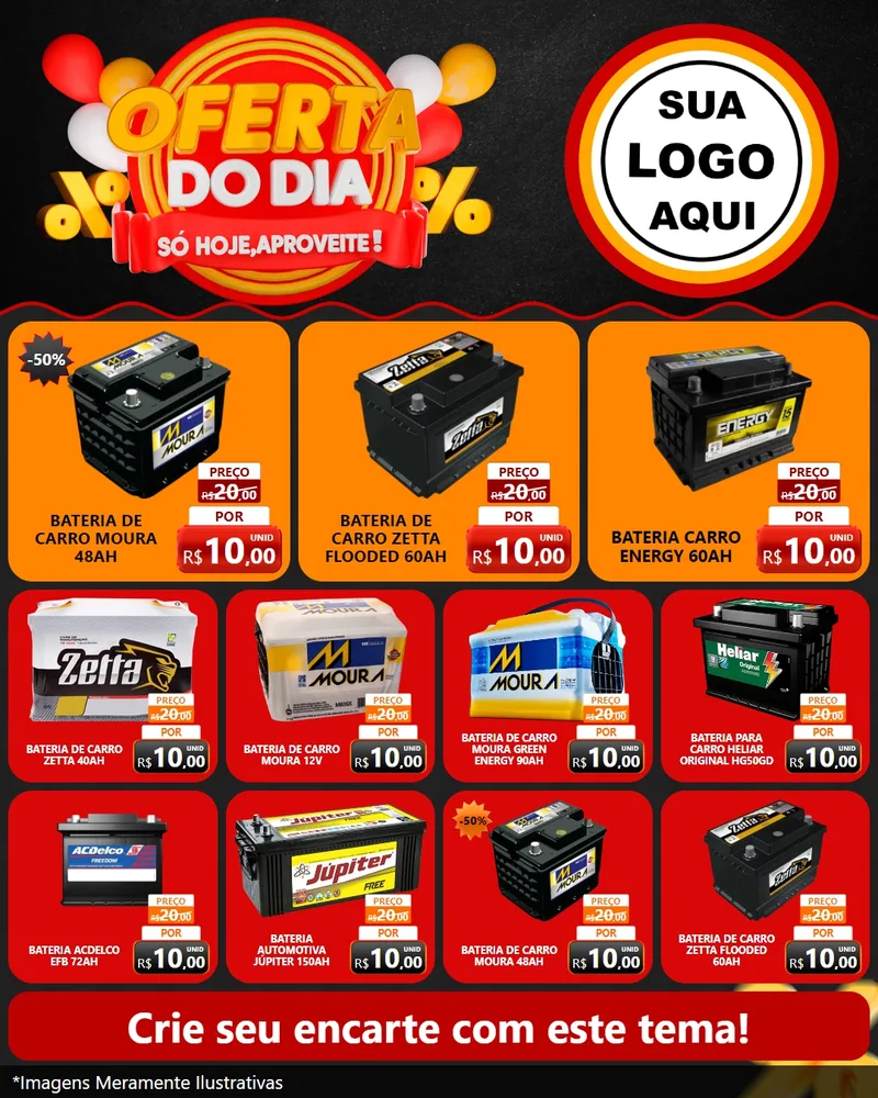 Modelo de Rede Social para Feed Instagram com o tema Oferta do Dia - Só hoje, Aproveite! para Baterias Elétricas