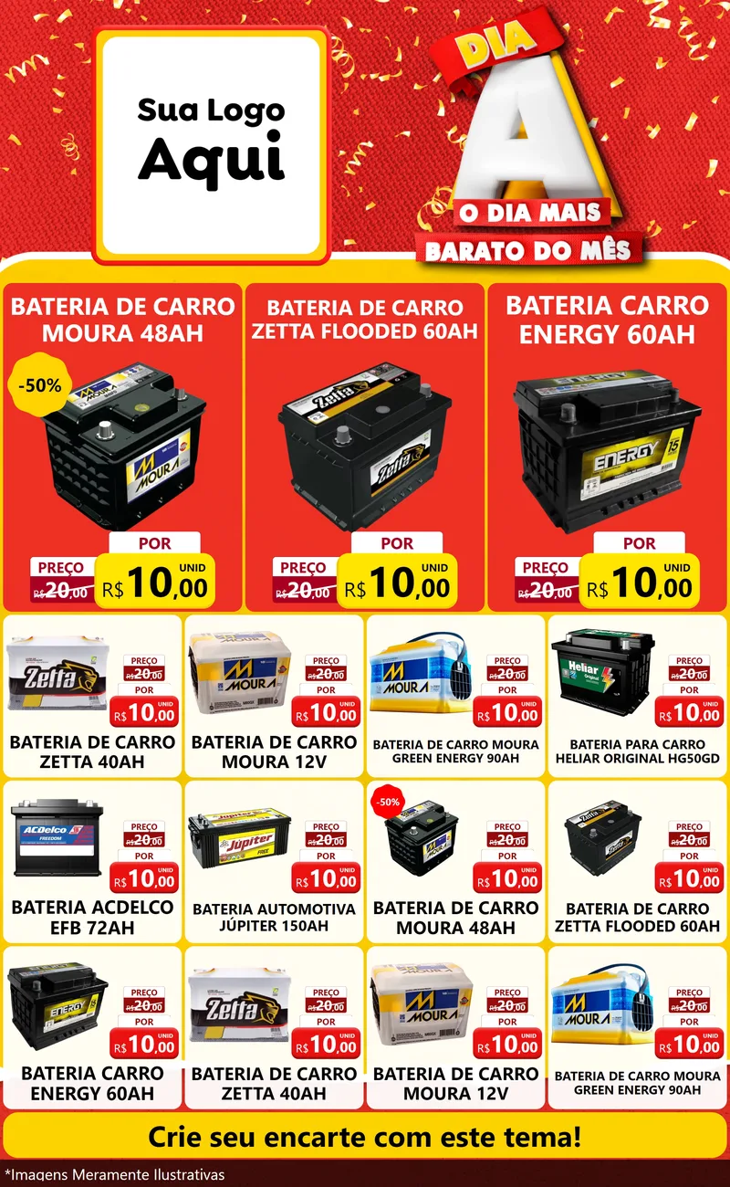 Modelo de Encarte para Encarte Grande com o tema Dia A o Dia Mais Barato do Mês para Baterias Elétricas