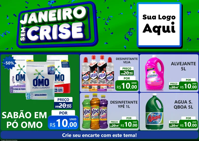 Modelo de Encarte para Encarte A4 Horizontal com o tema Janeiro Sem Crise para Produtos de Limpeza