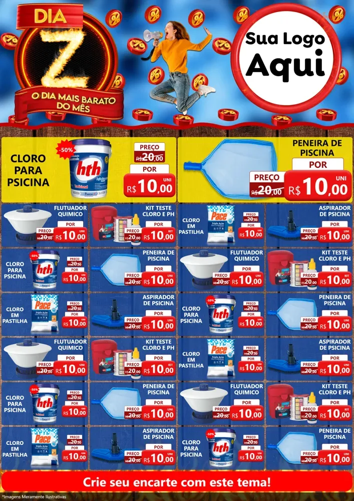 Modelo de Encarte para Encarte A4 Vertical com o tema Dia Z - O Dia Mais Barato Do Mês para Produtos para Piscina