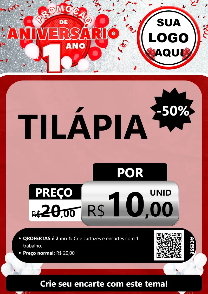 Modelo de Cartaz para Cartaz A4 Vertical com o tema Promoção de Aniversário - 1 Ano para Peixaria