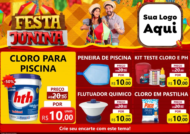 Modelo de Encarte para Encarte A4 Horizontal com o tema Festa Junina para Produtos para Piscina