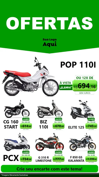 Modelo de Rede Social para Stories com o tema Ofertas Verde Cartaz para Concessionaria de Motos