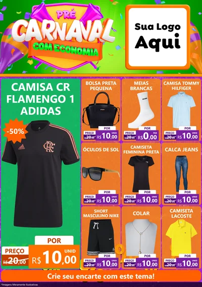 Modelo de Encarte para Encarte A4 Vertical com o tema Pré-Carnaval Com Economia para Roupas e acessórios