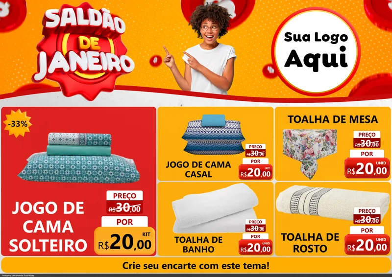 Modelo de Encarte para Encarte A4 Horizontal com o tema Saldão de Janeiro para Cama, Mesa e Banho