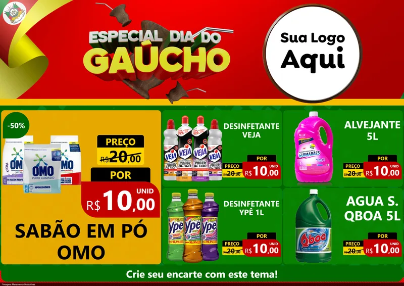 Modelo de Encarte para Encarte A4 Horizontal com o tema Especial Dia do Gaúcho para Produtos de Limpeza