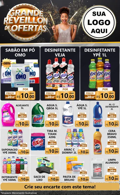 Modelo de Encarte para Encarte Grande com o tema Grande Réveillon de Ofertas para Produtos de Limpeza