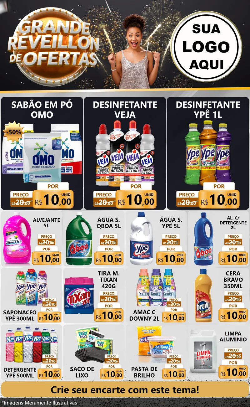 Modelo de Encarte para Encarte Grande com o tema Grande Réveillon de Ofertas para Produtos de Limpeza