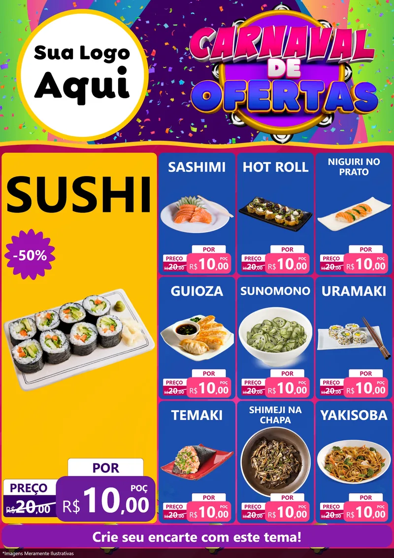 Modelo de Encarte para Encarte A4 Vertical com o tema Carnaval de Ofertas para Comida japonesa
